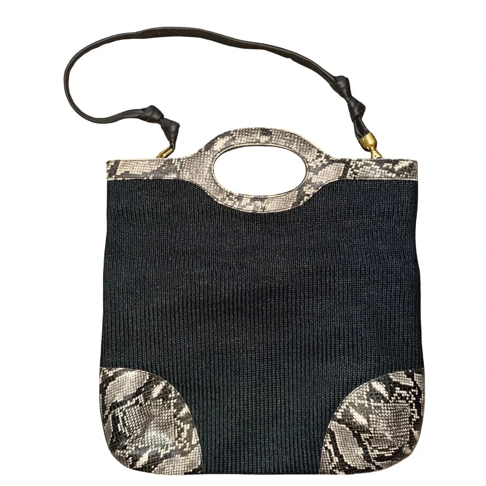 Due Fratelli Cut Out Handbag. Faux Snakeskin trip Purse Clutch. Black
